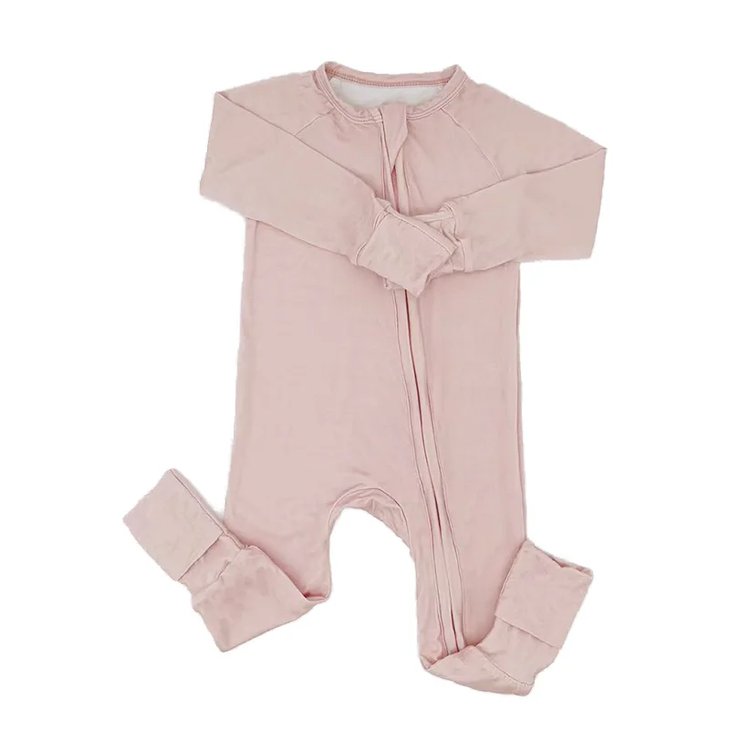 

Baby Girls Solid Color Romatic Pink Bamboo Onesie Double Zipper Rompers Long Sleeve Round Neck Newborn Pajamas