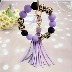 1pc Keychain Leopard-print Acrylic Bead Bracelet With PU Tassels And A Keychain Keyring Fashion Girl