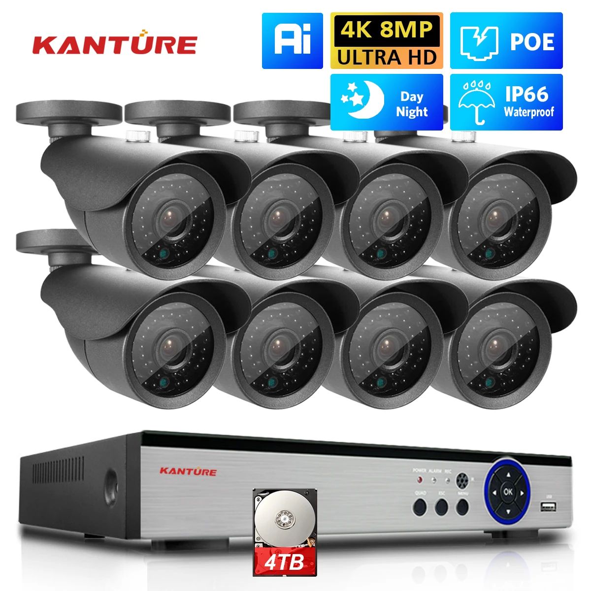 

KANTURE 4K CCTV Security Camera System 8CH POE 8MP Ai Human Detection Waterproof Ip Camera Night Vision Video Surveillance Kit