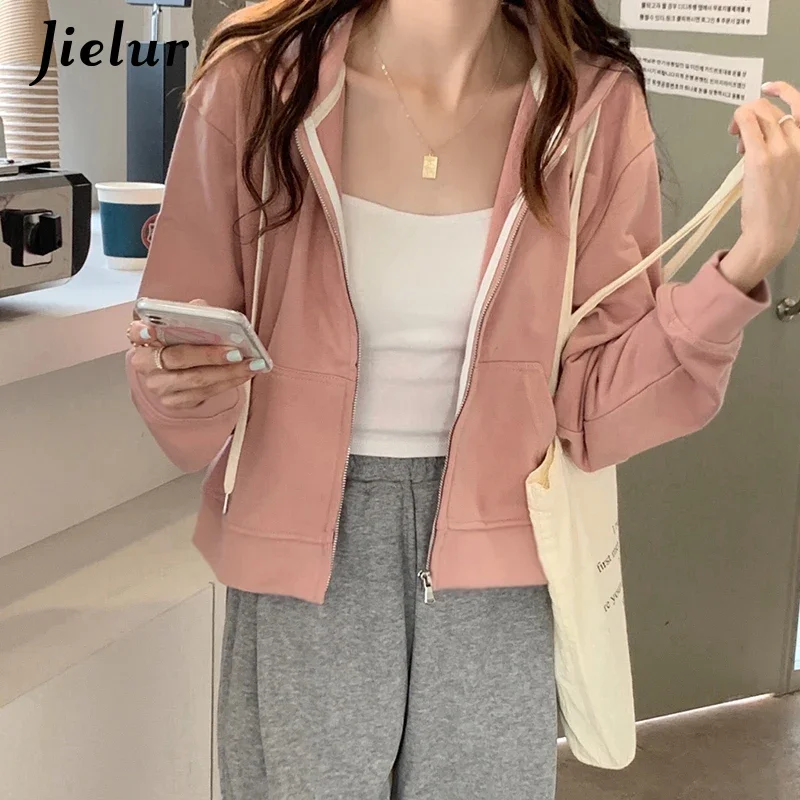 

Jielur Autumn Korean Zip-up Short Hoodies Women Streetwear 6 Pure Colors Casual Thin Sweatshirt Hooded Female Cardigans S-L