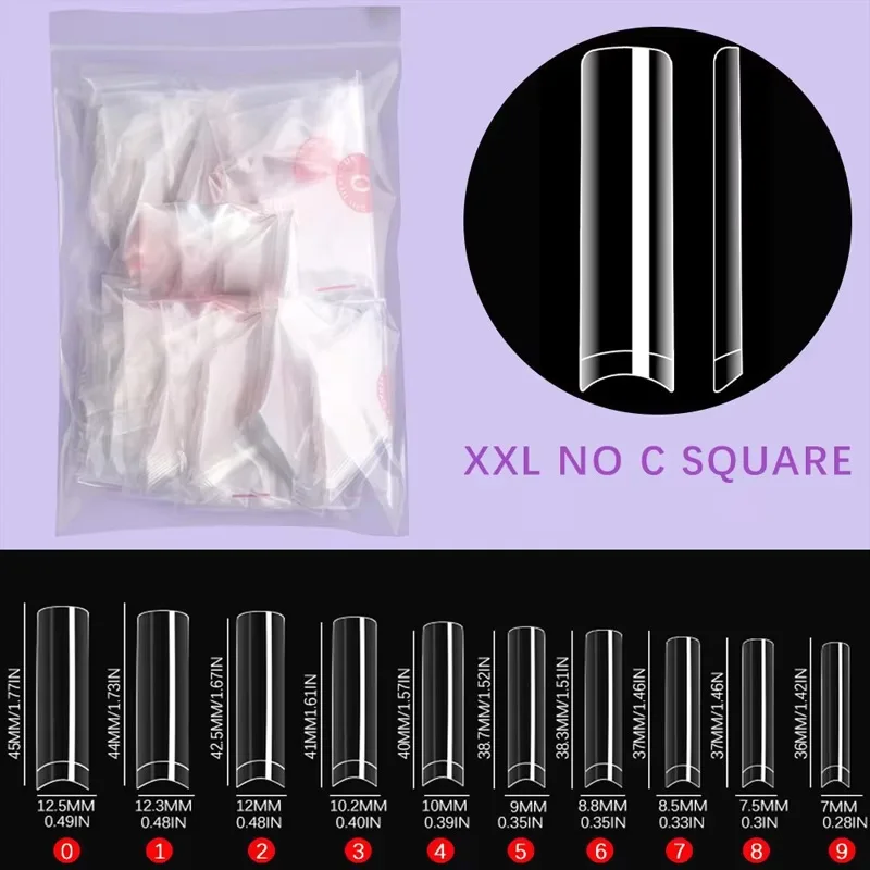 500 Stück C-Kurven-freie Nagelspitzen in den Größen 2XL/3XL, professionelles Set, rechtwinklig zulaufende quadratische transparente Nagelspitzen, halbbedeckende lange künstliche Nagelspitzen – Detail 3