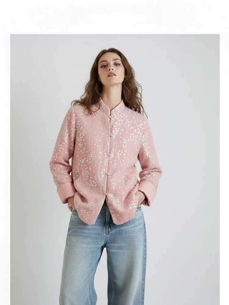 

Новая китайская розовая куртка с пайетками и вышивкой, с воротником-стойкой, женская модная приталенная вельветовая кофта-кардиган с эффектом стройности