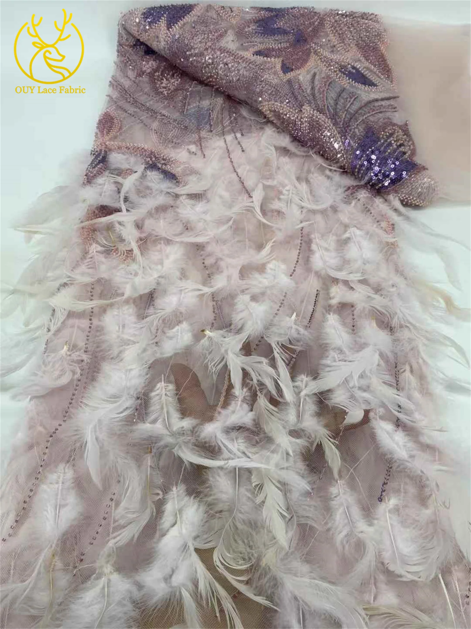 Luxury Handmade Feather 3D Feather Embroidery French Sequin Lace African Nigerian Bridal Lace Fabric Evening Dress Wedding