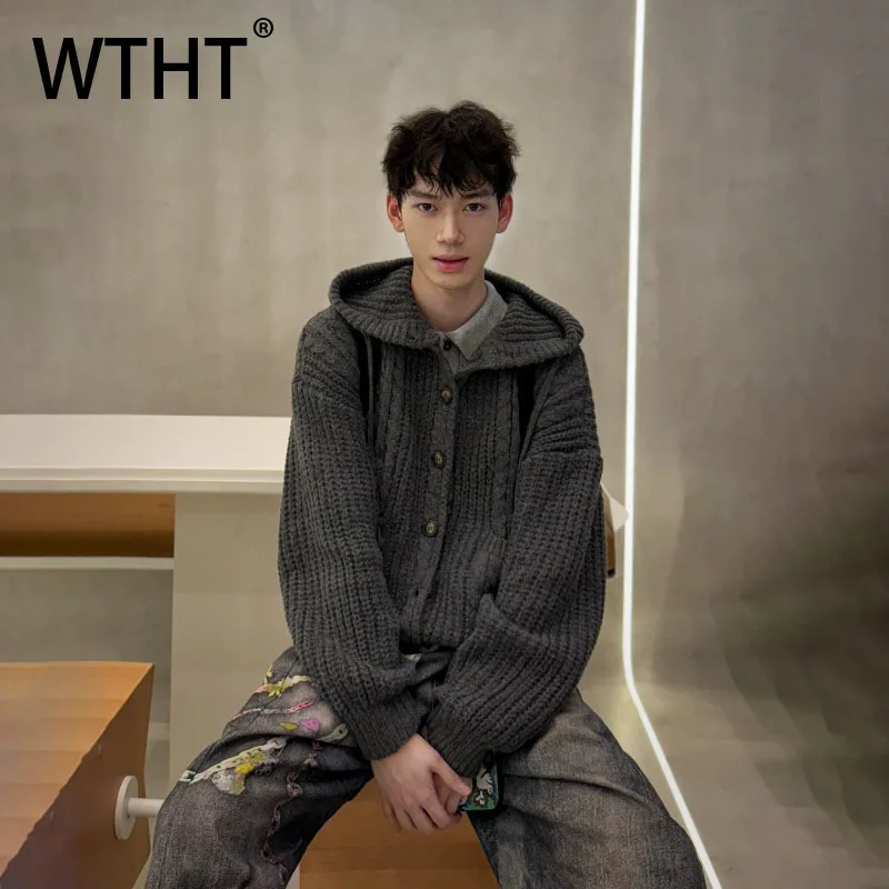 

WTHT модные мужские однотонные текстурированные вязаные свободные пальто, модные осенние однобортные повседневные куртки с капюшоном 202, мужские 2A1889