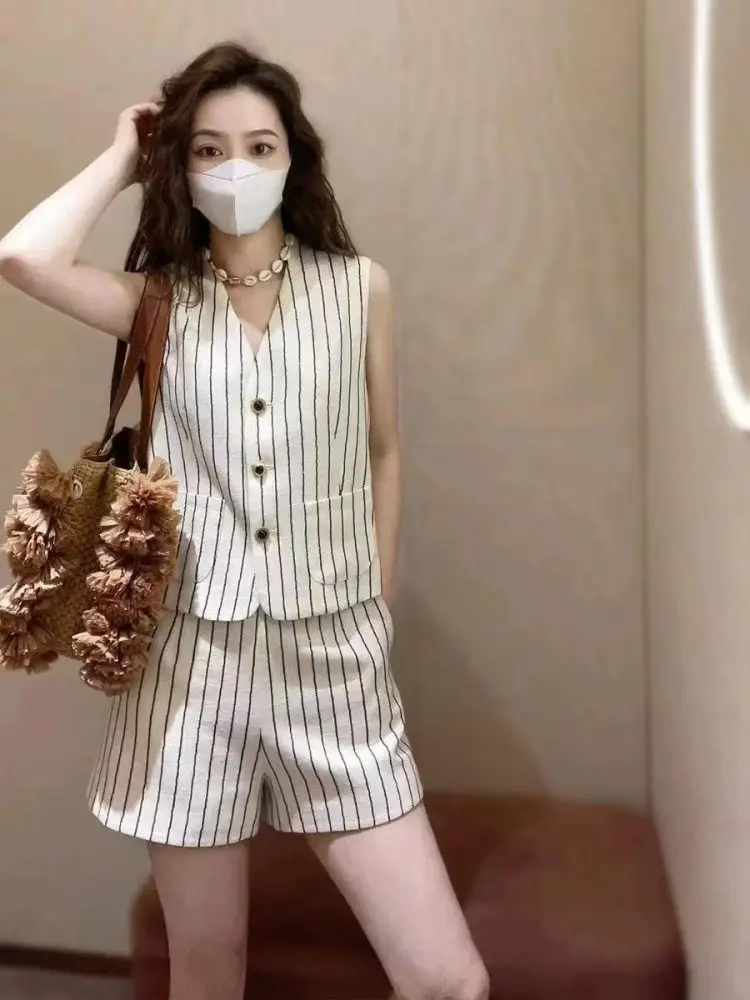 Estate 2025 Gilet e orts a righe Svel in cotone e lino dimagrante da donna Set abbigliamento casual Faionable e Sli