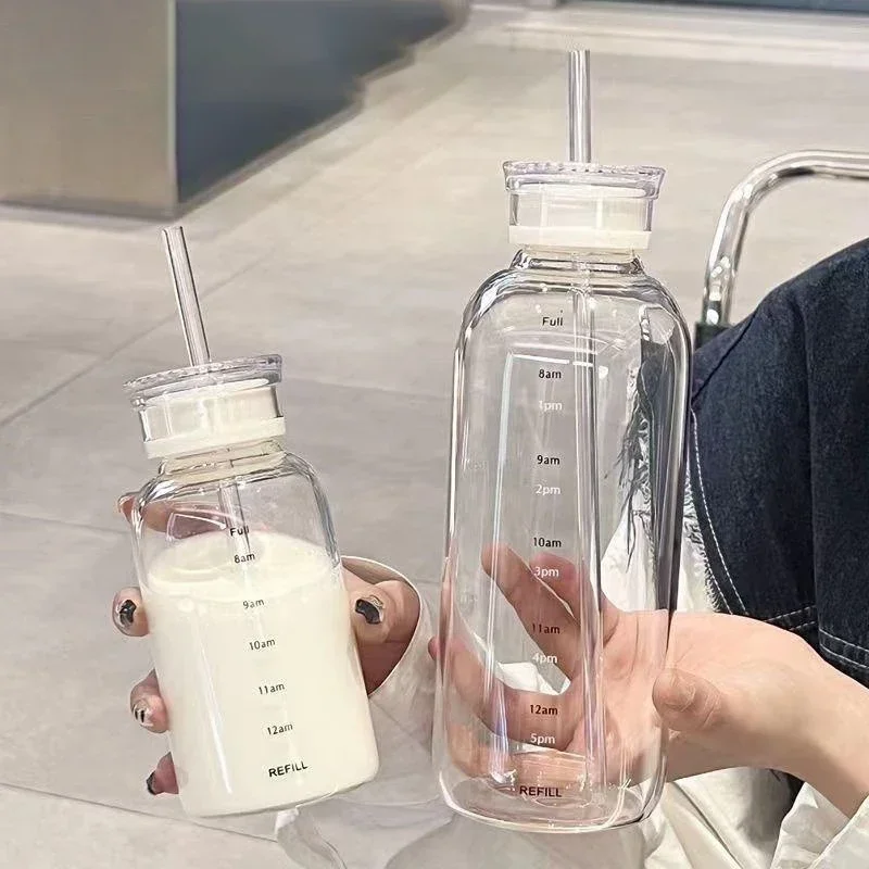 300–750 ml Doppeldeckel-Wasserflasche, Wasserbecher aus Borosilikatglas mit Strohhalm, koreanischer tragbarer Milchsaftbecher mit Zeitmarkierung