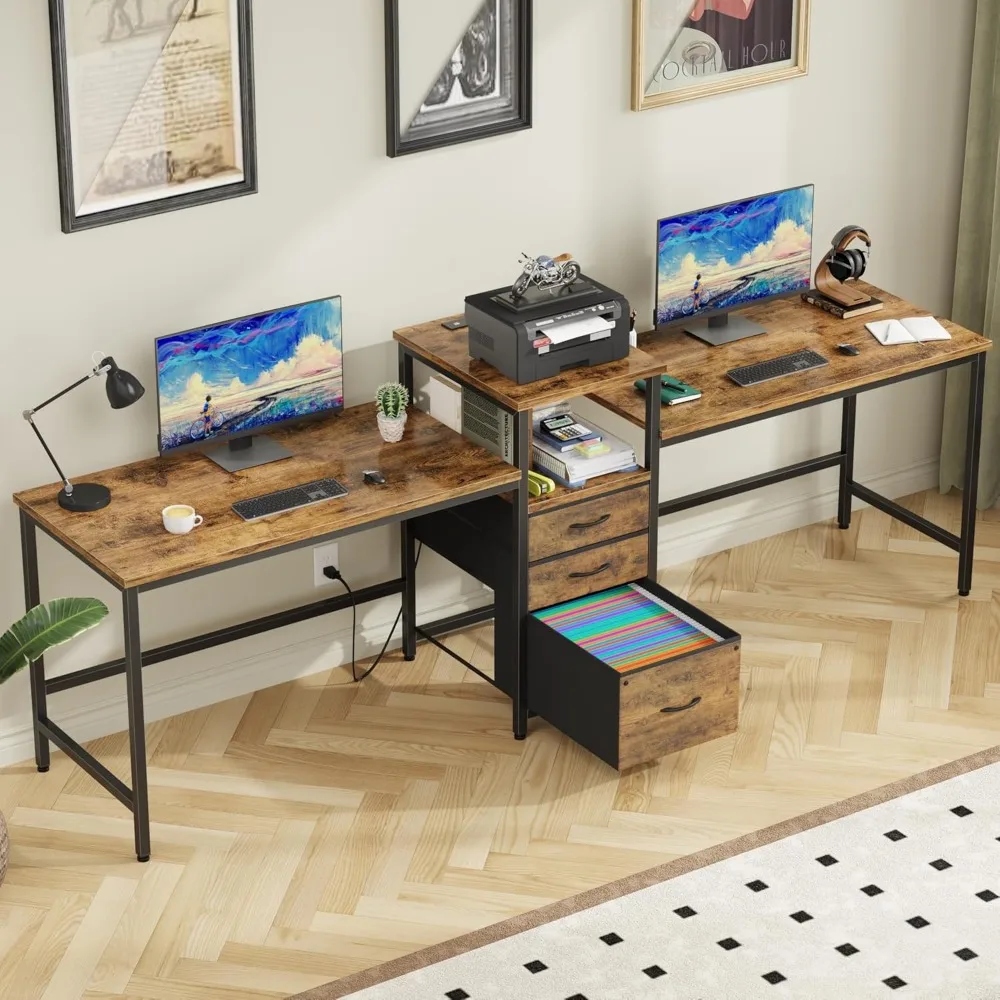 

93'' Two Person Desk with Charging Station, Long Desk with 3 Fabric Drawers and Printer Shelf, Double Computer Desk, 2 Person Wr