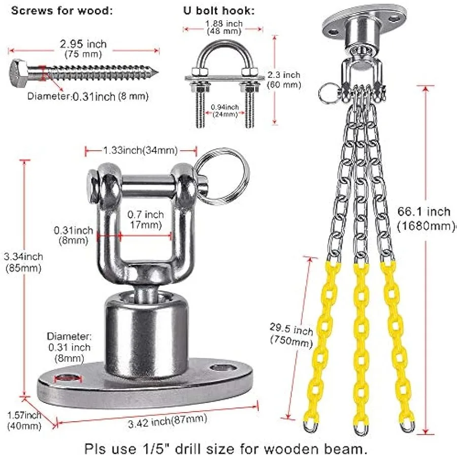 Kit de cabide de balanço resistente com correntes revestidas e ganchos - 360 °   Rotação - Capacidade de 700 lb