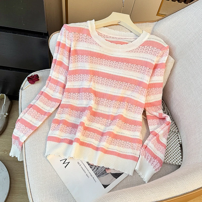 Sweet Striped Design Hollow Long-Sleeved Women Autumn Loose Bottoming Shirt Knitted Top