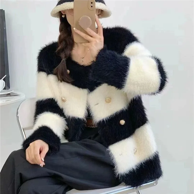 2023 Autumn Winter Knitwear Fashion and Temperament Thickened Versatile Stripe Imitation Fur Knitted Top Coat for Women