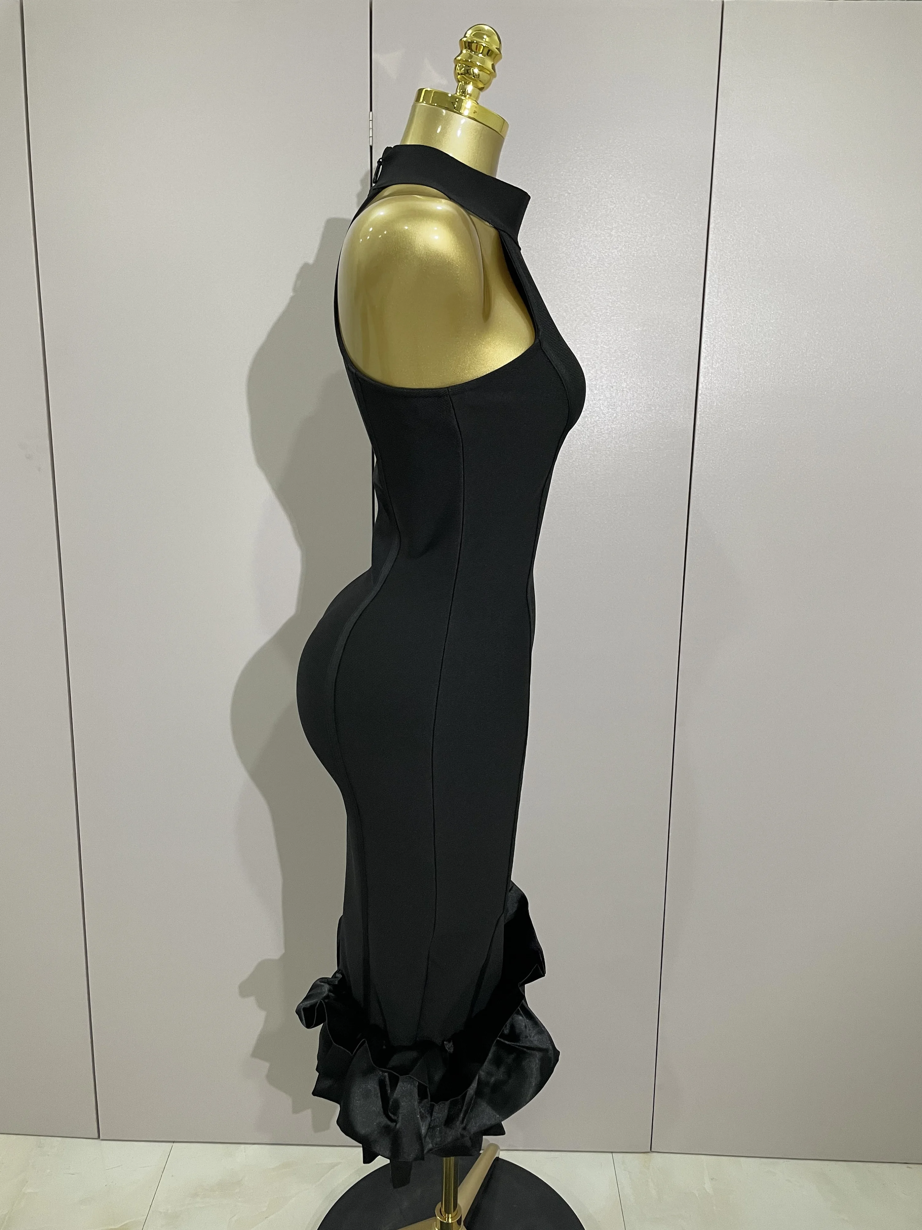 Sexy High Collar Ruffle Black Sheath Sleeveless Bandage Dress 2025 Women Elegant Formal Party Prom Gown Luxury Birthday Dresses