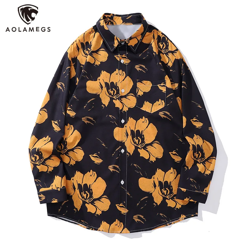 Vintage Retro Men\'s Hit Color Flower Graphic Printed Hawaiian Shirts Vacation Style Lapel Long Sleeve Button Shirt Men and Women