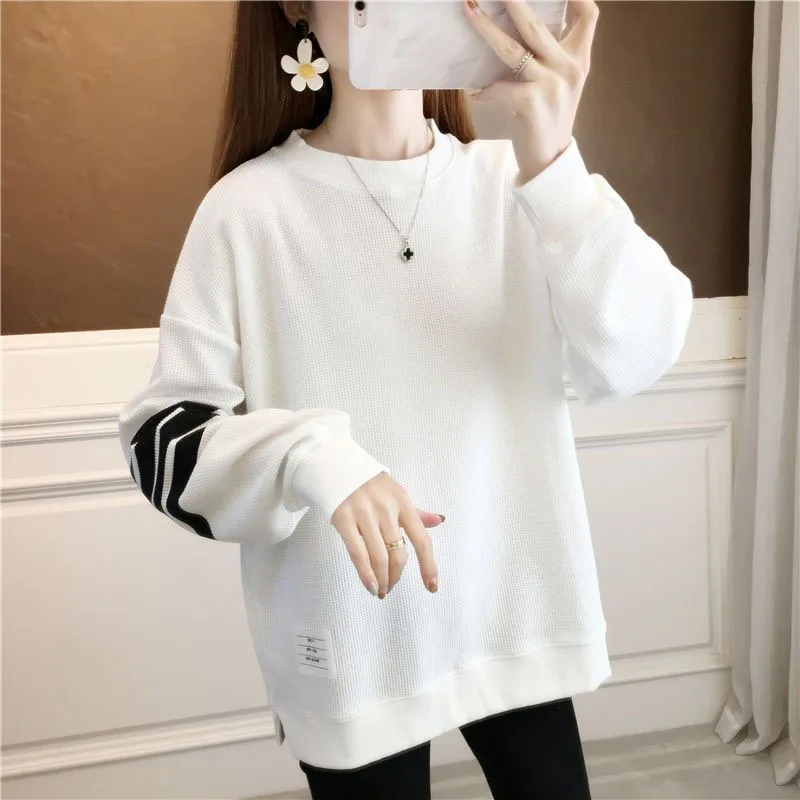 New Autumn Fashion Hanban Waffle Print Round Neck Loose Large Versatile Slim and Simple Women's Long Sleeve Casual Sweater