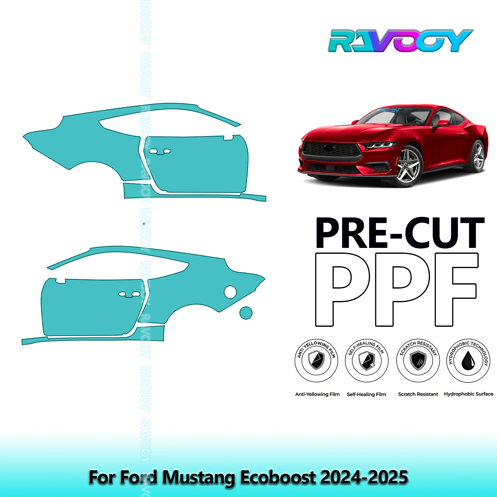 

For Ford Mustang Ecoboost 2024-2025 8.5mil Clear Matte Pre-Cut PPF Door & A/B Pillar Kit TPU Paint Protection Film Set