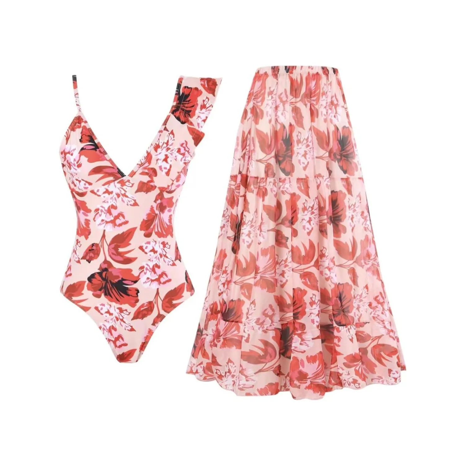 

Женский цельный купальник с накидкой и юбкой-саронг, купальный костюм, пляжный наряд, лето