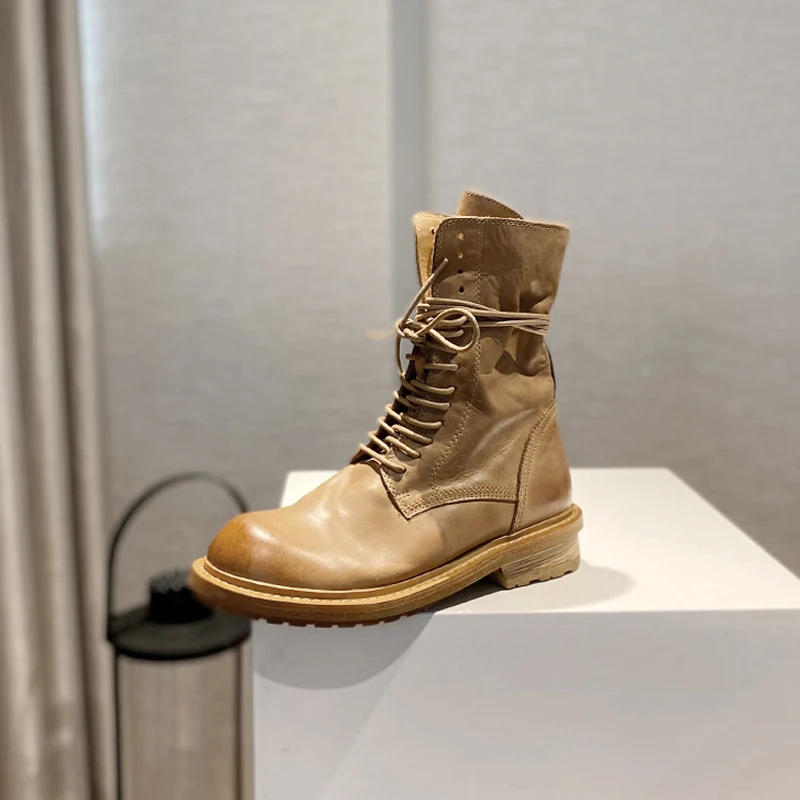 British Vintage Style Shoes High-Top Work Boots Outdoor Women Motorcycle Rider Boots Genuine Leather Hiking Ankle Boots