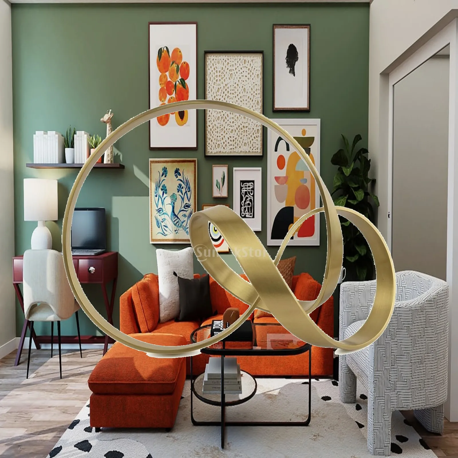 Elegant Gold Metal Loop Ornament Sculpture Contemporary Abstract Decor for Bookshelf Office Cabinet Centerpiece