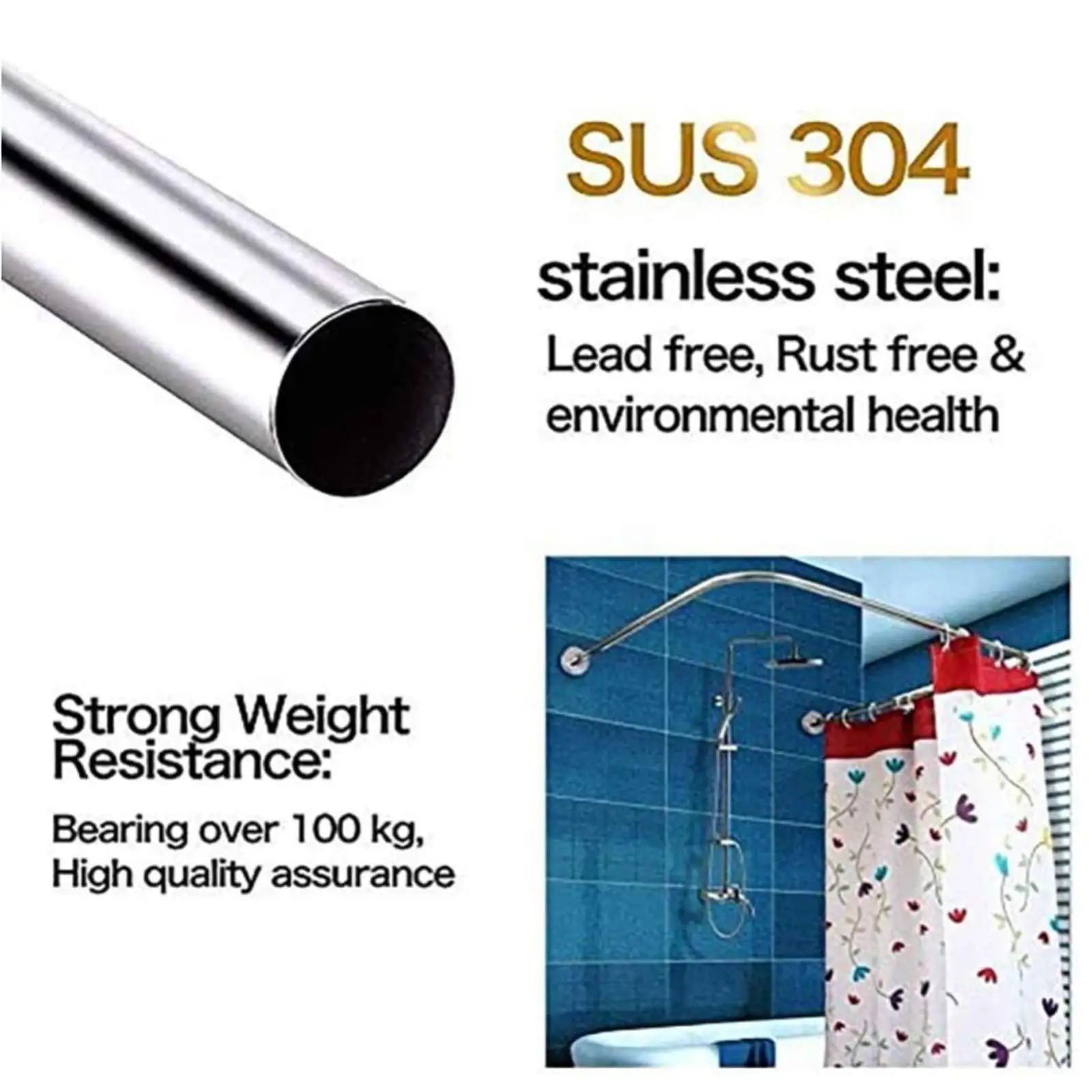 Shower Curtain Rod, Adjustable Shower Curtain Rail Rod U Shaped Wall Mounted Extendable Shower Curtain Pole for
