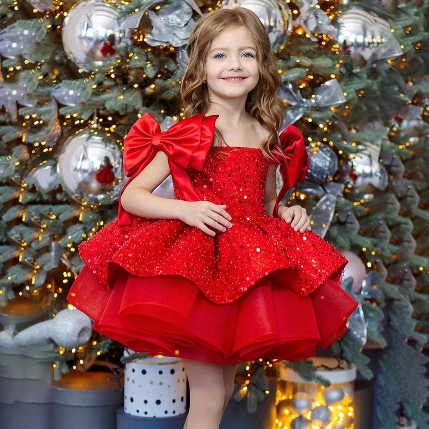 Enchanting Red Girls Princess Party Dress Square Neck and Oversized Bow Sleeves Flower girl dress Knee-Length Pageant Dress