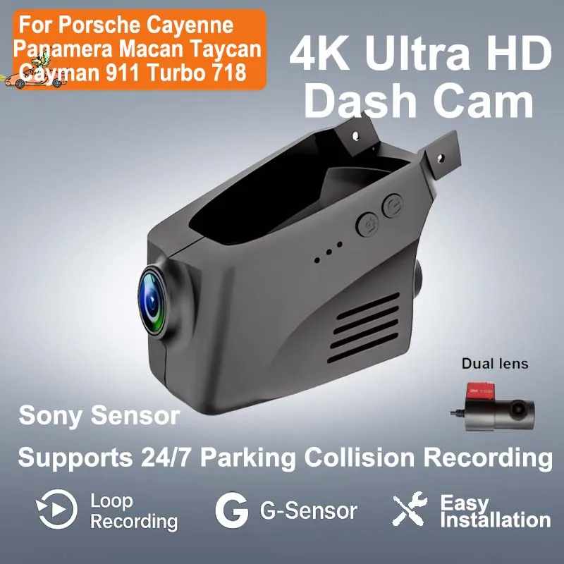 

Видеорегистратор для Porsche Cayenne, Panamera, Macan, Taycan, Cayman, 911 Turbo, 718, 4K, Wi-Fi, Plug and Play, камера для автомобиля.