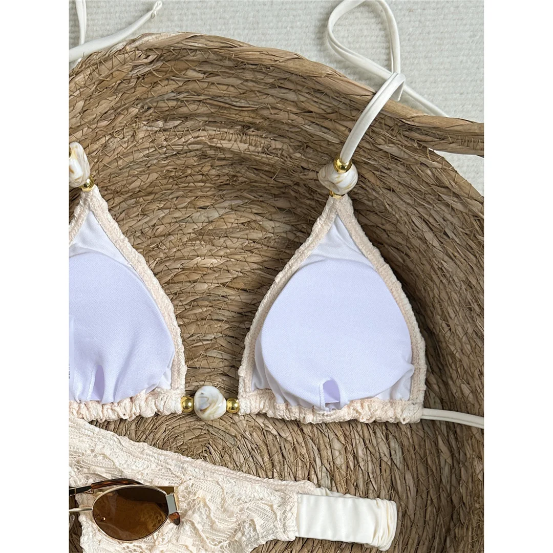 2026 Geknitterter Neckholder-Bikini Damen-Badeanzug zweiteiliger Bikini-Set gepolsterter Badeanzug Badebekleidung V8135 – Detail 8