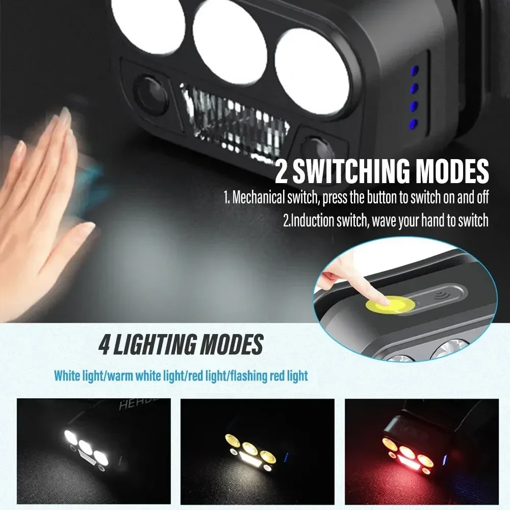 Smart Motion Sensor LED Headlamp USB Rechargeable Headlight Portable Lightweight Head Flashlight Head Lamp for Camping Hiking