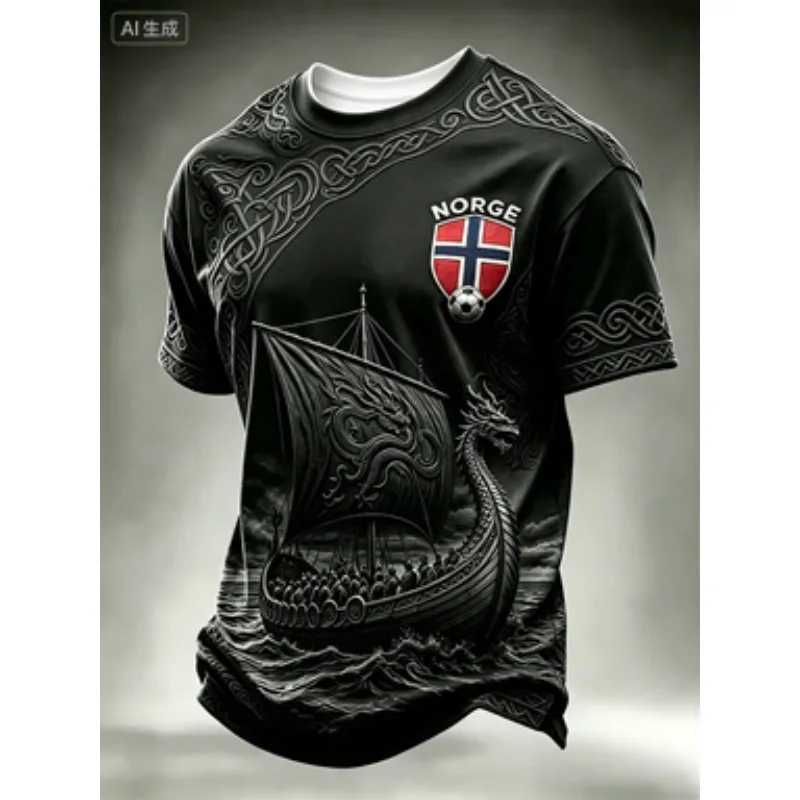 3D Printed Norway Viking Longship Jersey, Breathable Quick Dry Sports T-Shirt, Specially Designed For Norwegian Football Fans