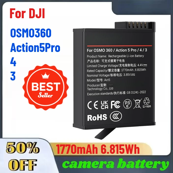 

1770mAh 6.815Wh High-Quality Digital Camera Battery For DJI OSMO360/Action 5Pro/4/3 In Stock