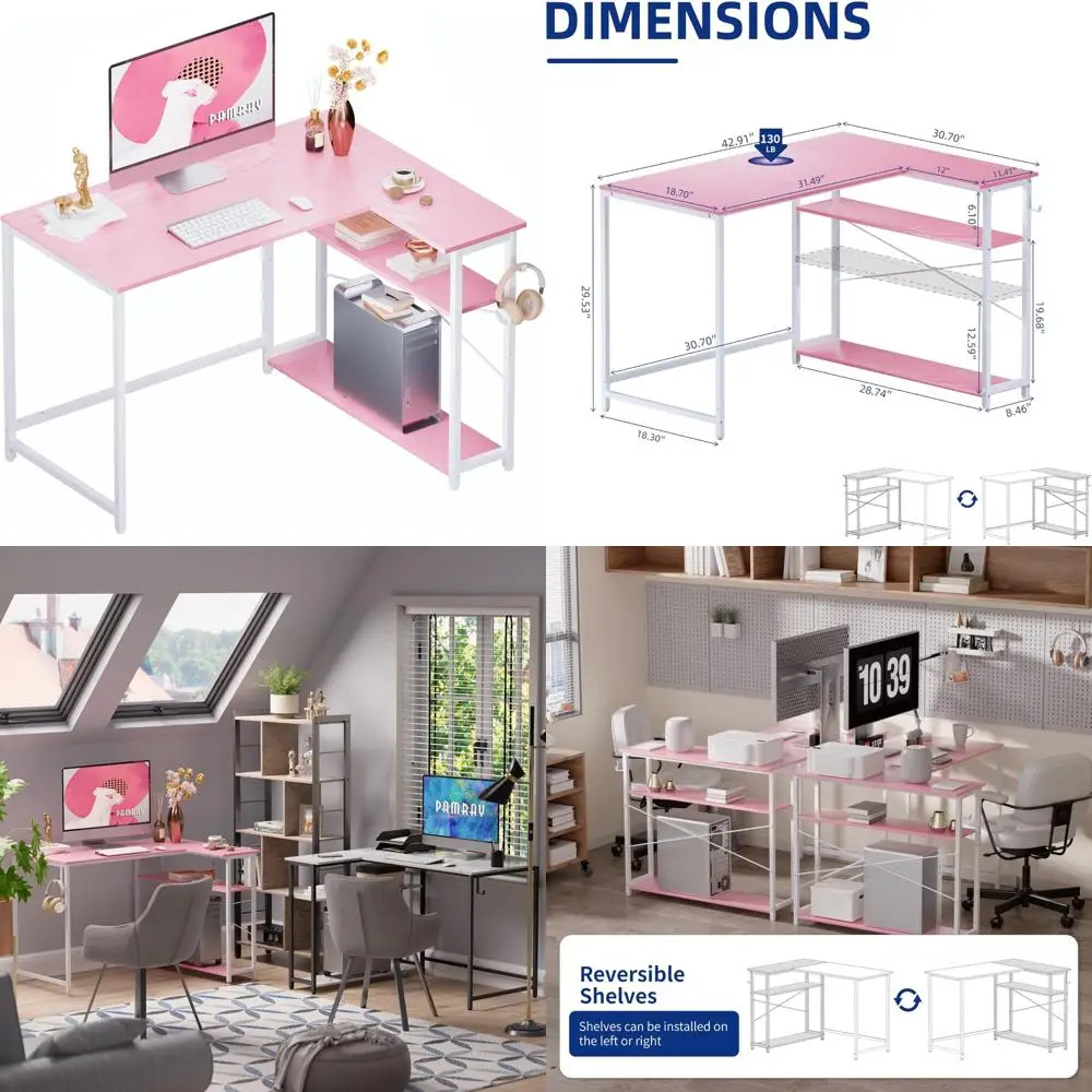 L-Shaped 43 Inch Computer Desk with Reversible Side Storage Shelves for Small Space Home Office Writing and Organization