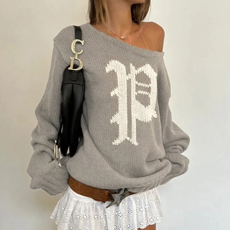 IAMHOTTY Vintage Letter Loose Sweater Women's Autumn Winter Oblique Slash Neck Jerseys Streetwear Outerwears Chic Pullovers 2024