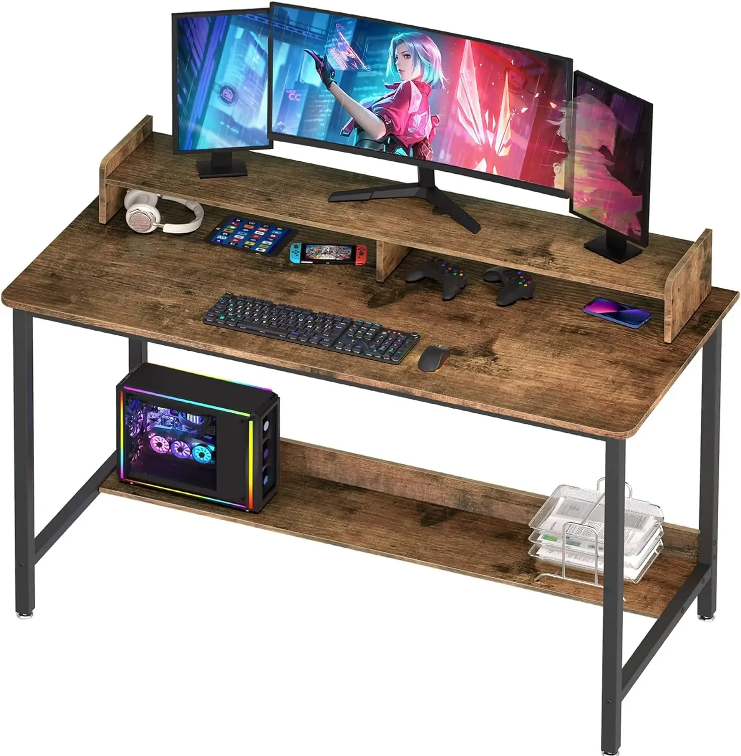 Computer Desk with Shelves, 43 Inch Gaming Writing Desk, Study PC Table Workstation with Storage for Home Office