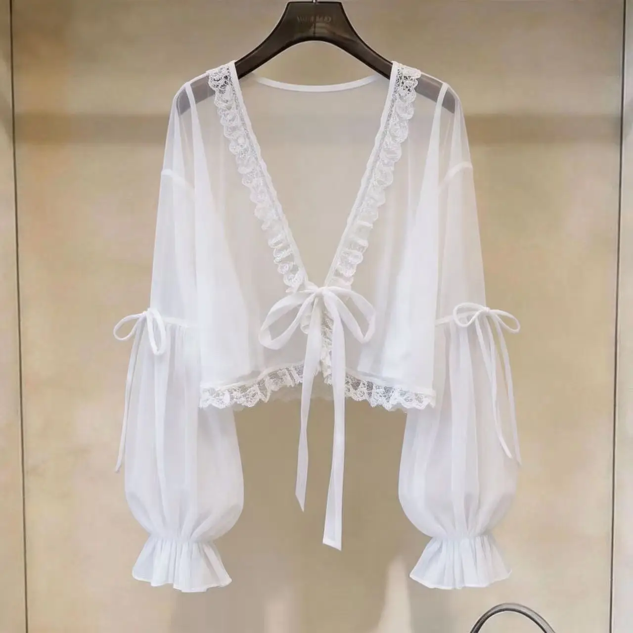 

Summer Thin Lace Knot Sun Protection Shirt Women's Fashionable All-Match Shawl Cardigan Translucent Shirt Blouse