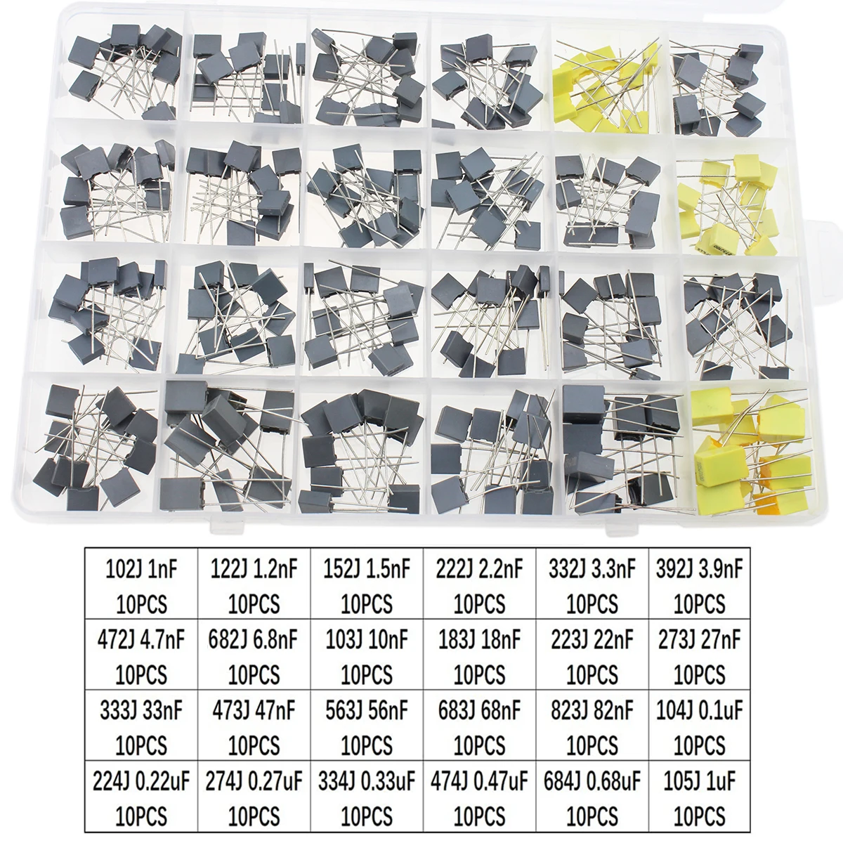 24Values 240pcs Capacitor Assorted Kit 63V-100V Metallized Polyester Correction Capacitors Set 1nF-1uF