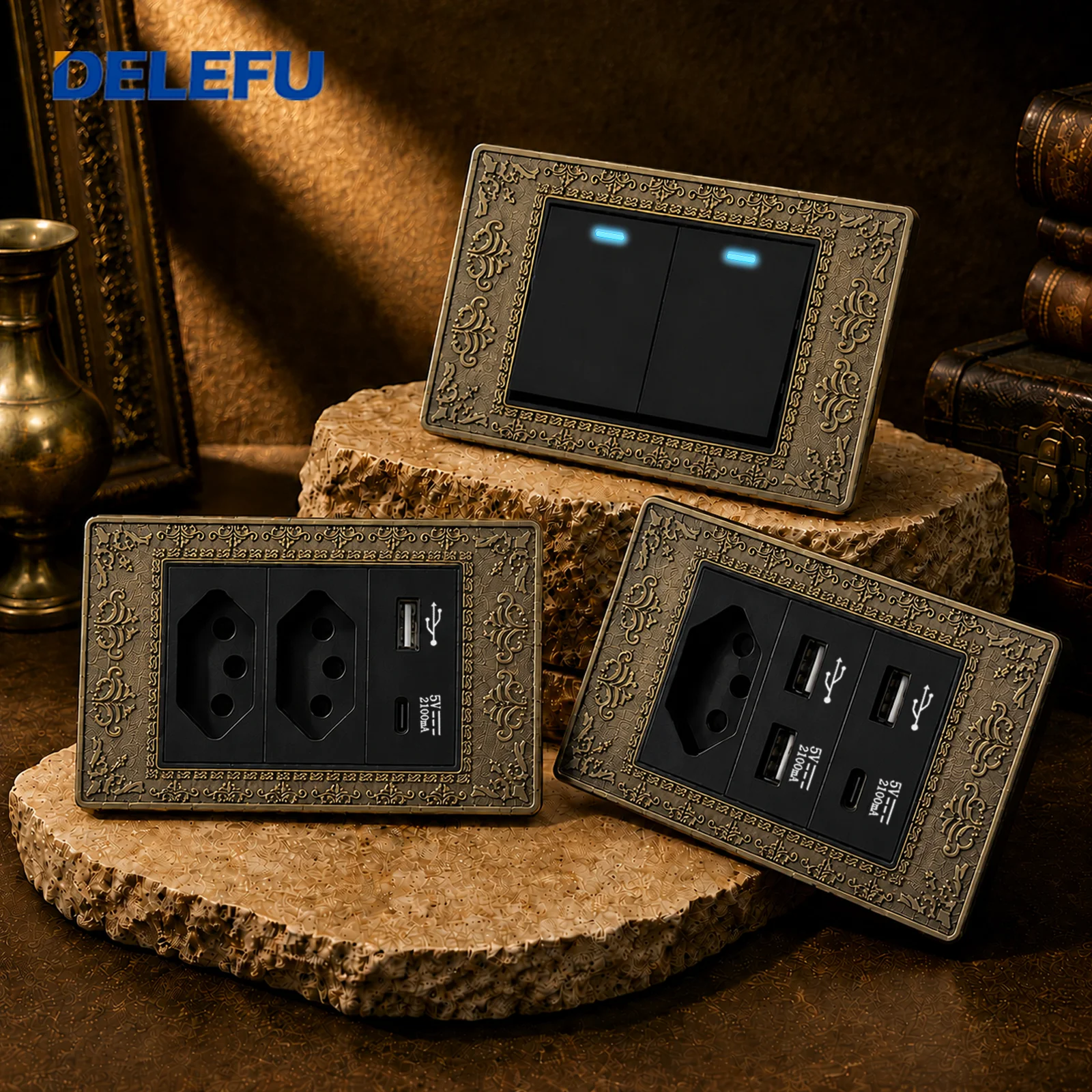 DELEFU Vintage Bronze Wall Switch Socket Brazilian Type N 10A 20A Outlet USB A Type C 20W LED Luxury Face Plate