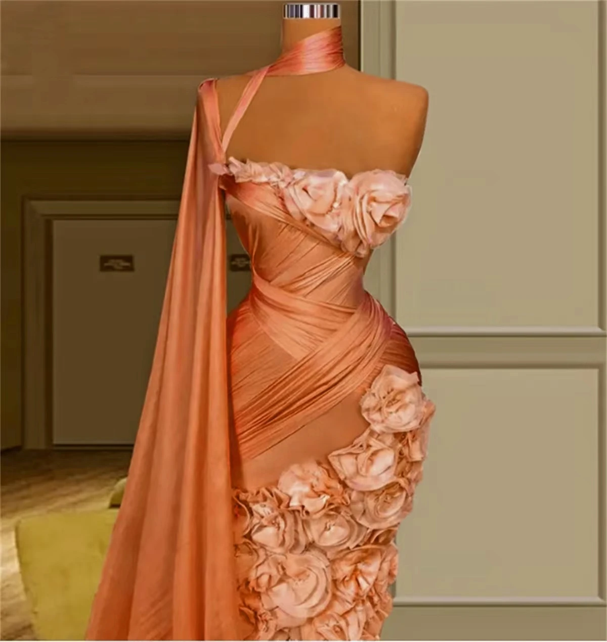 Elegant One Shoulder 3d Flower Satin Mermaid Evening Dress Fashion Sleeveless Ruched Cap Sleeve Prom Party Gown 2024 New Pink