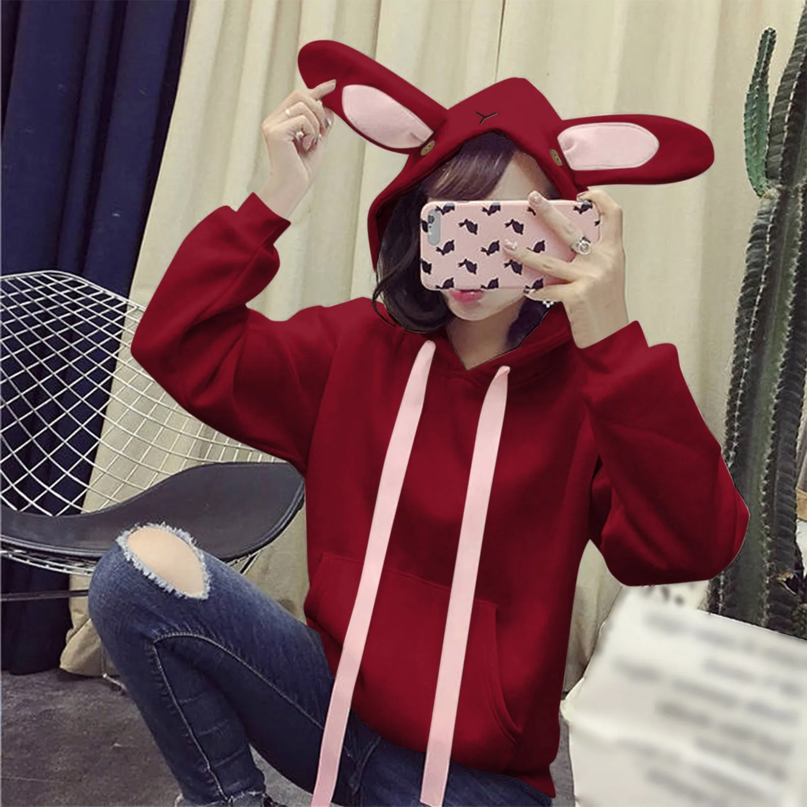 Women Rabbit Ears Sweatshirts Harajuku Bunny Hoodies With Ears Kawaii Clothes Girls Long Sleeve Oversized Tracksuit Jackets Tops