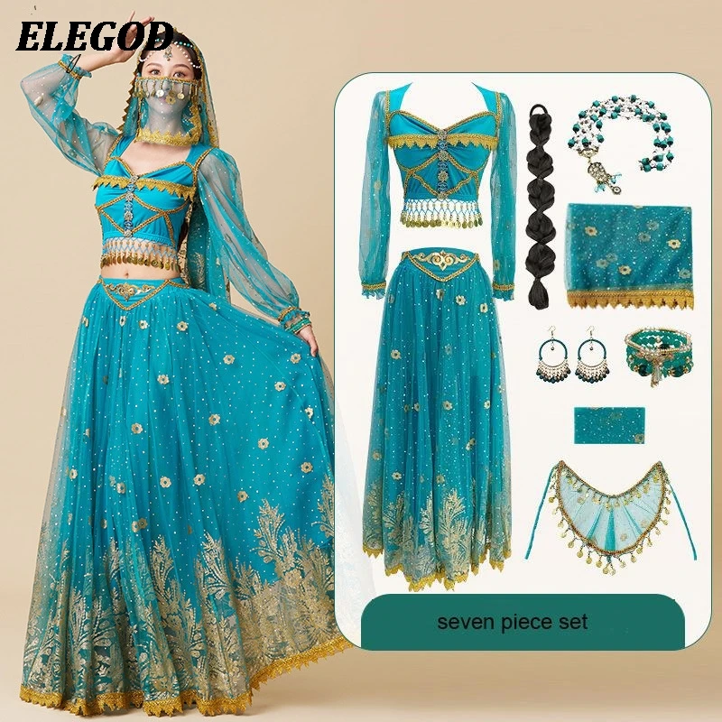 السيدات هالوين تأثيري أداء الزي النساء الرقص الشرقي سوينغ كبير فستان طويل الهندي بوليوود الياسمين الأميرة زي مجموعة #3