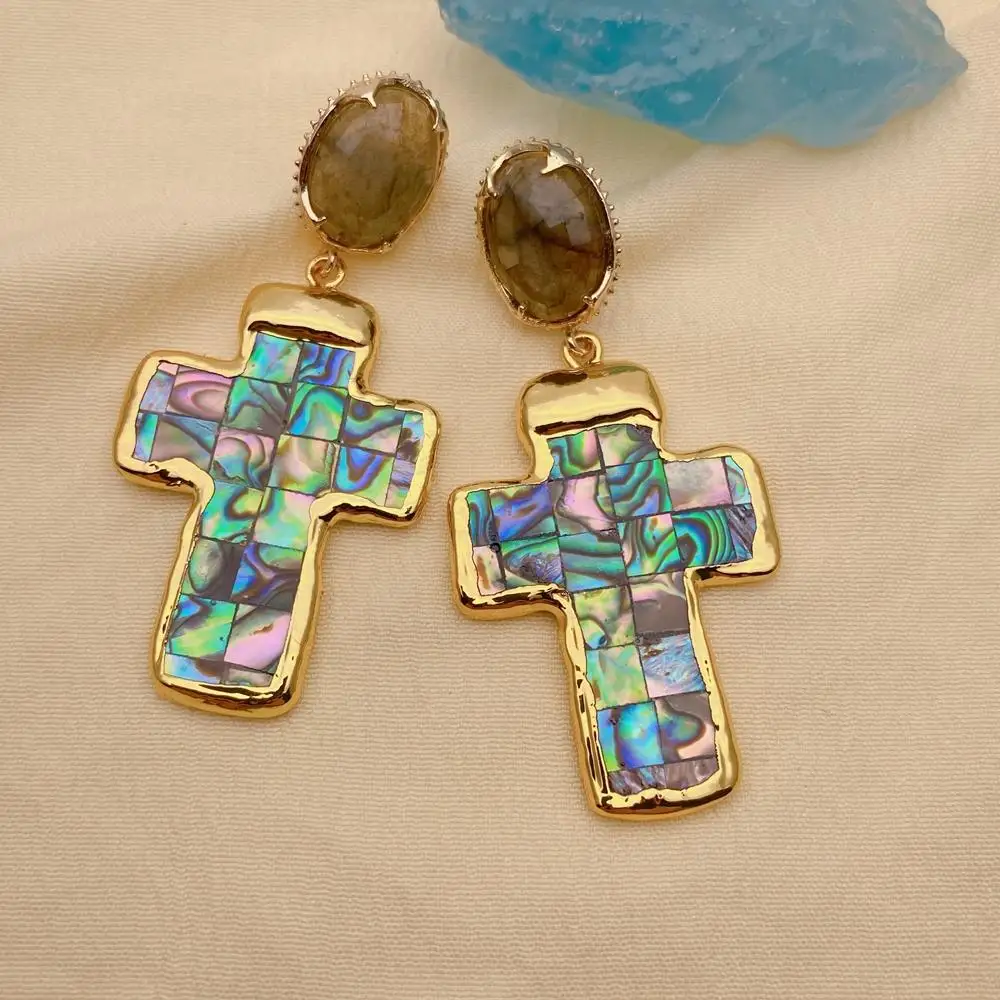 

Y·YING Rainbow Abalone Shell Crucifix Dangle Earrings Labradorite Stud Earing