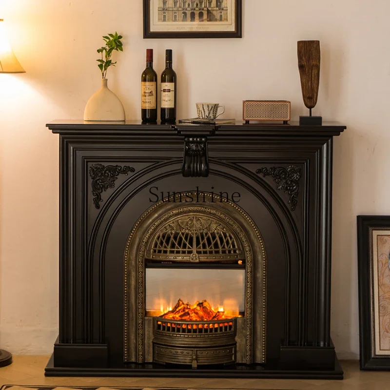 Gabinete de chimenea retro francés, gabinete decorativo de chimenea de simulación de porche de madera maciza, integrado