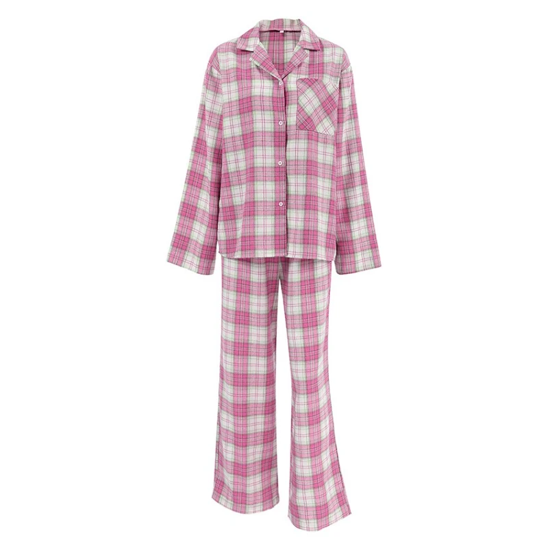 2025 Autumn and Winter New Loose Comfortable Gentle Plaid Cotton Long Sleeved Top and Pants Two-piece Set for Women
