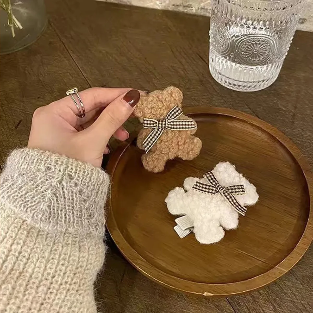 2pcs Autumn and Winter Versatile Cute Milk Coffee Color Plush Bear Hair Clip Hair Accessories for Women to Wear