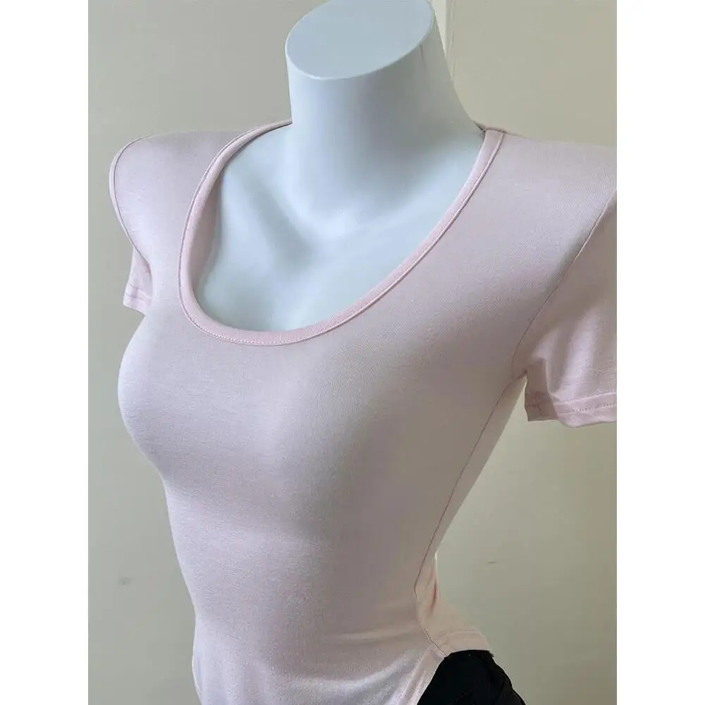 Sexy Thin Short Sleeve U-Neck T-Shirt Women's Slim Fit Base Shirt Top Tight Waist Control Summer Fashion Ladies' Tee