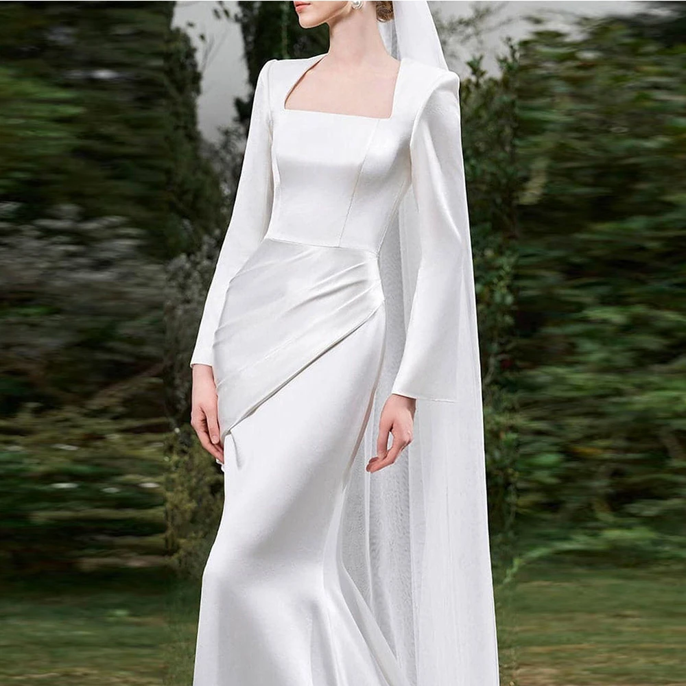 Modernes Maßgeschneidertes Elfenbein-Hochzeitskleid Meerjungfrau-Brautkleid Quadratischer Ausschnitt Bodenlang Lange Ärmel Brautkleid