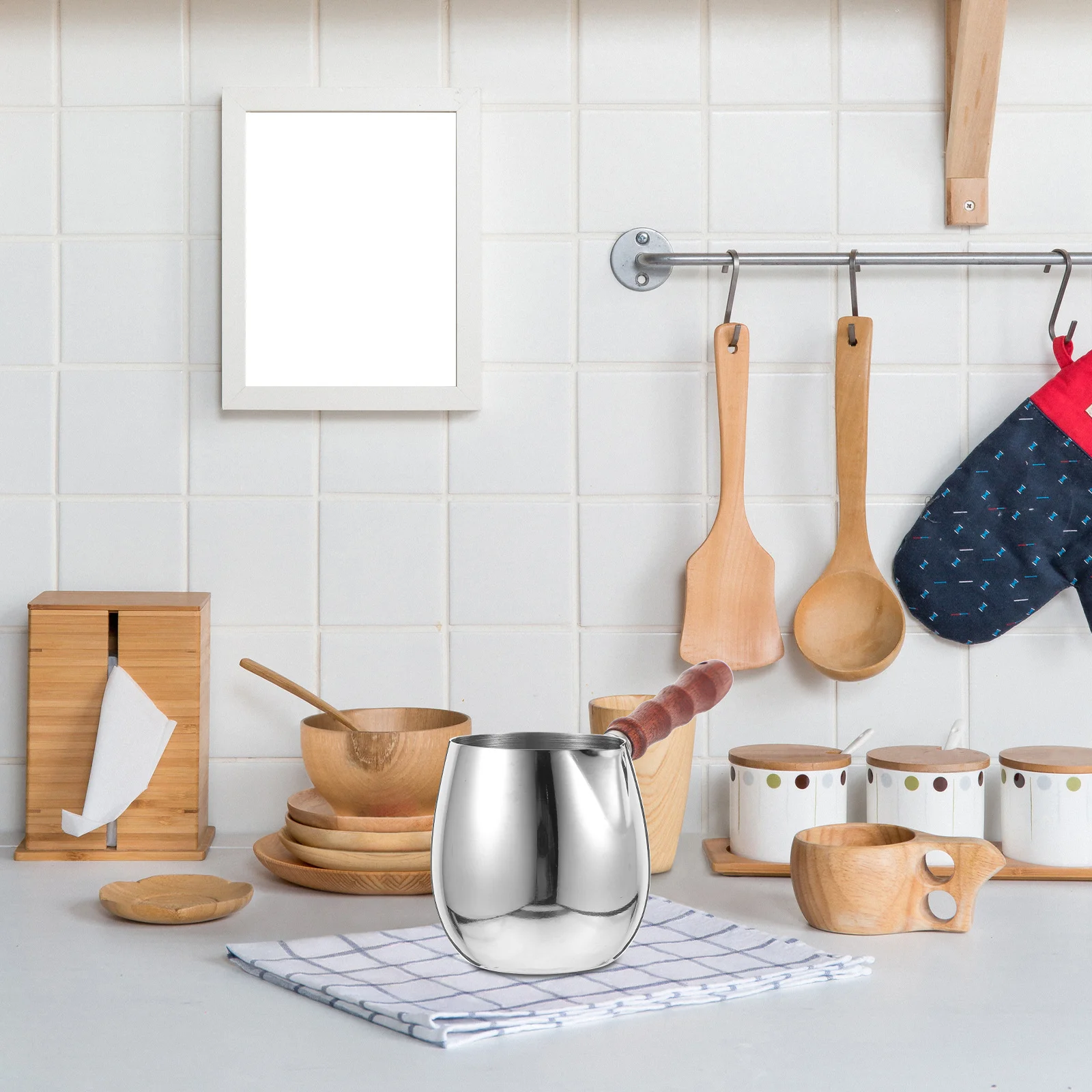 إبريق مزبد الحليب من الفولاذ المقاوم للصدأ مقبض خشبي علامات قياس دقيقة قبضة مريحة مقاومة للصدأ 500 مللي #3