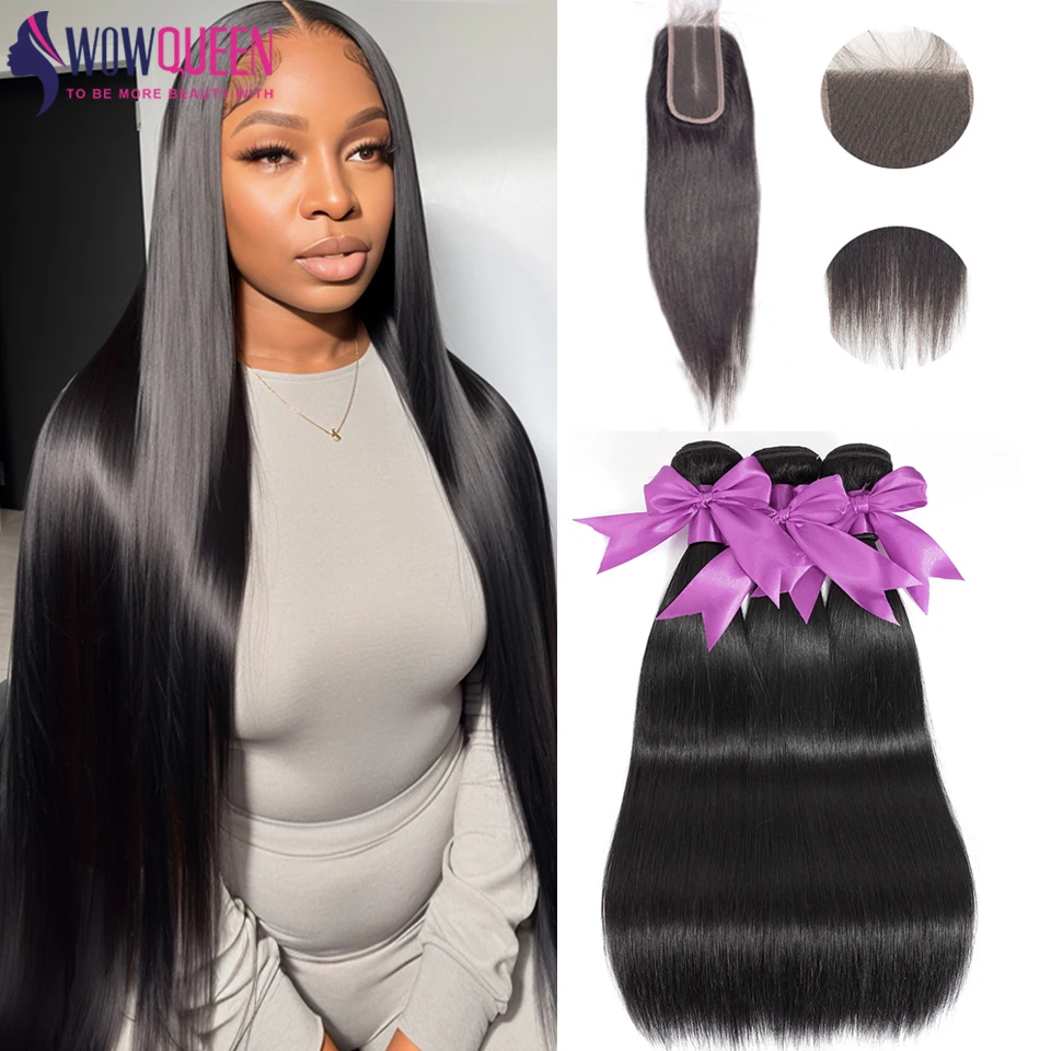 

30 32 Inch Straight Human Hair Bundles With Closure 2x6 Middle Part Raw Hair Bundles Weave With 24 Inch Transparent Lace Closure