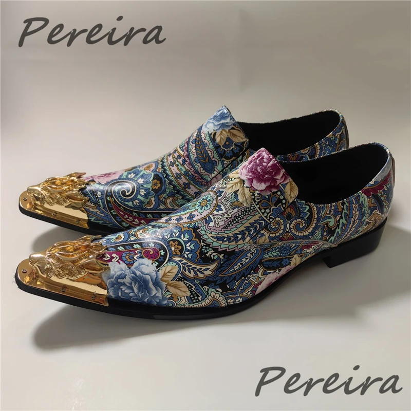 Summer New Flower Printed Casual Business Shoes Iron Pointed Toe Slip-On Loafers Trendy Cowhide Party Nightclub Stage Shoes