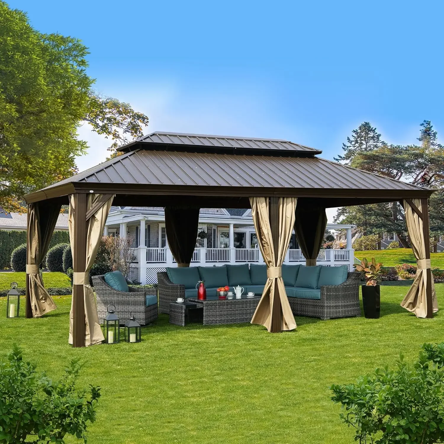 Alexander 12' X 20' Hardtop Gazebo, Aluminum Metal Gazebo with Galvanized Steel Double Roof Canopy, Curtain and Netting