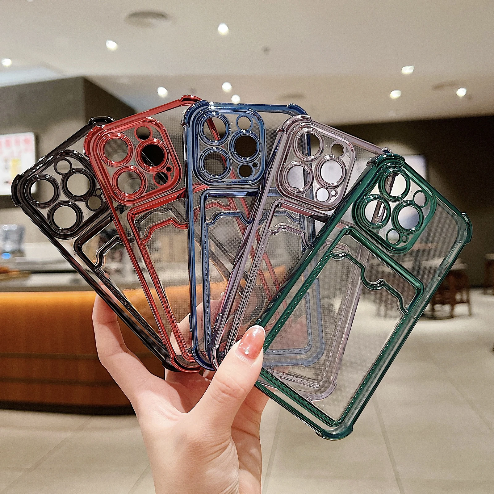 Transparent Plating Phone Case For iPhone 15 14 13 12 11 Pro Max Plus Soft Silicone Shockproof Clear Wallet Card Holder Pocket