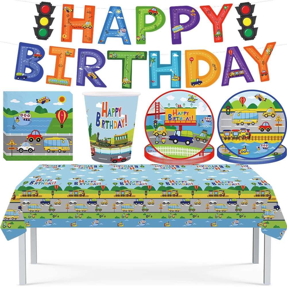 Cartoon Transport Birthday Decorations For Boys Children Disposable Tableware Paper Material Cups Napkins Plates Tablecloth