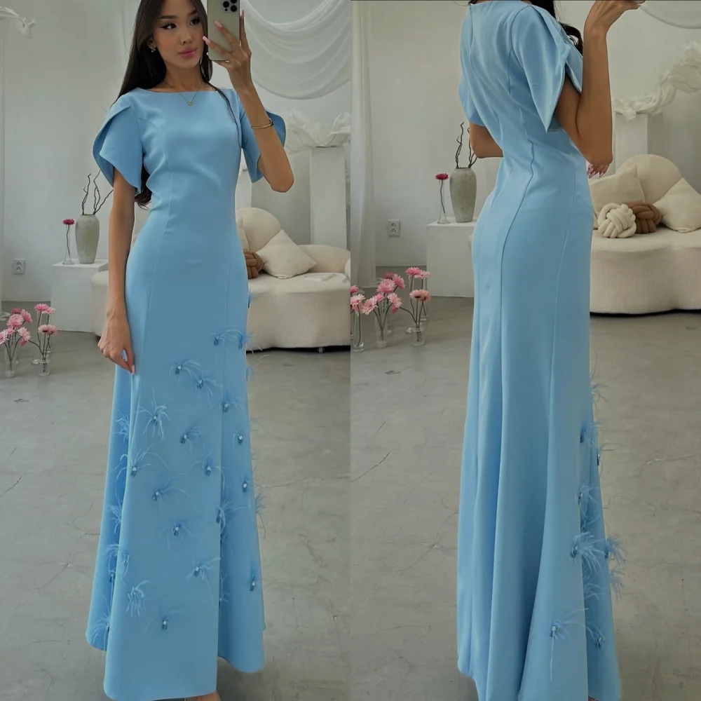 

Customized Fashion Classic Jersey Feather Rhinestone Straight Scoop Neck Long Dresses Bespoke Occasion Dresses High Quality